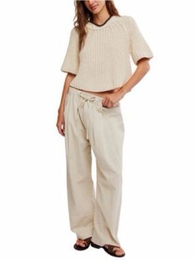 Relaxed Wide-Leg Tie-Waist Pants in Cream Size M